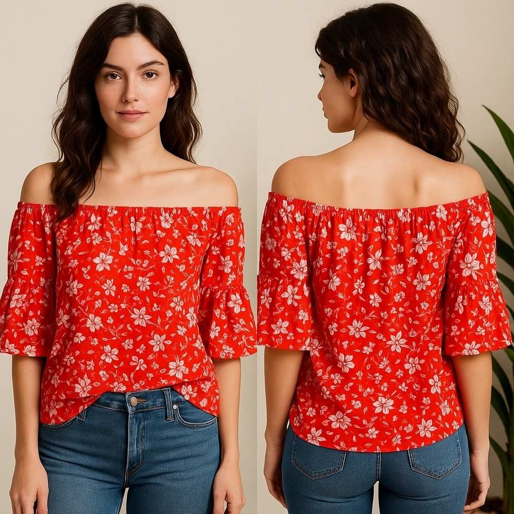 Verse Women’s Small Red Floral Off Shoulder Bell Sleeve Top Boho Peasant USA
